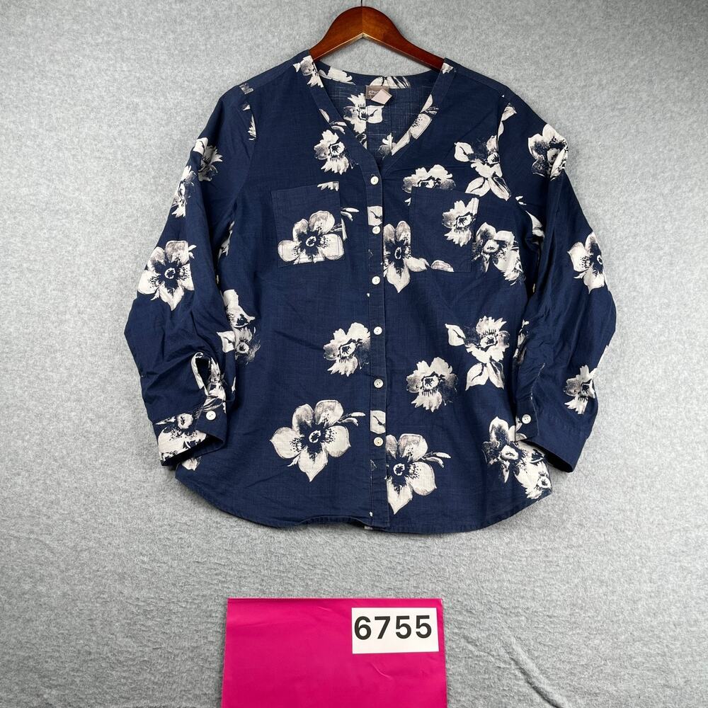 Chicos Floral Shirt Womens Chicos Size 1 US 8 Medium Navy Blue Casual Roll Tab
